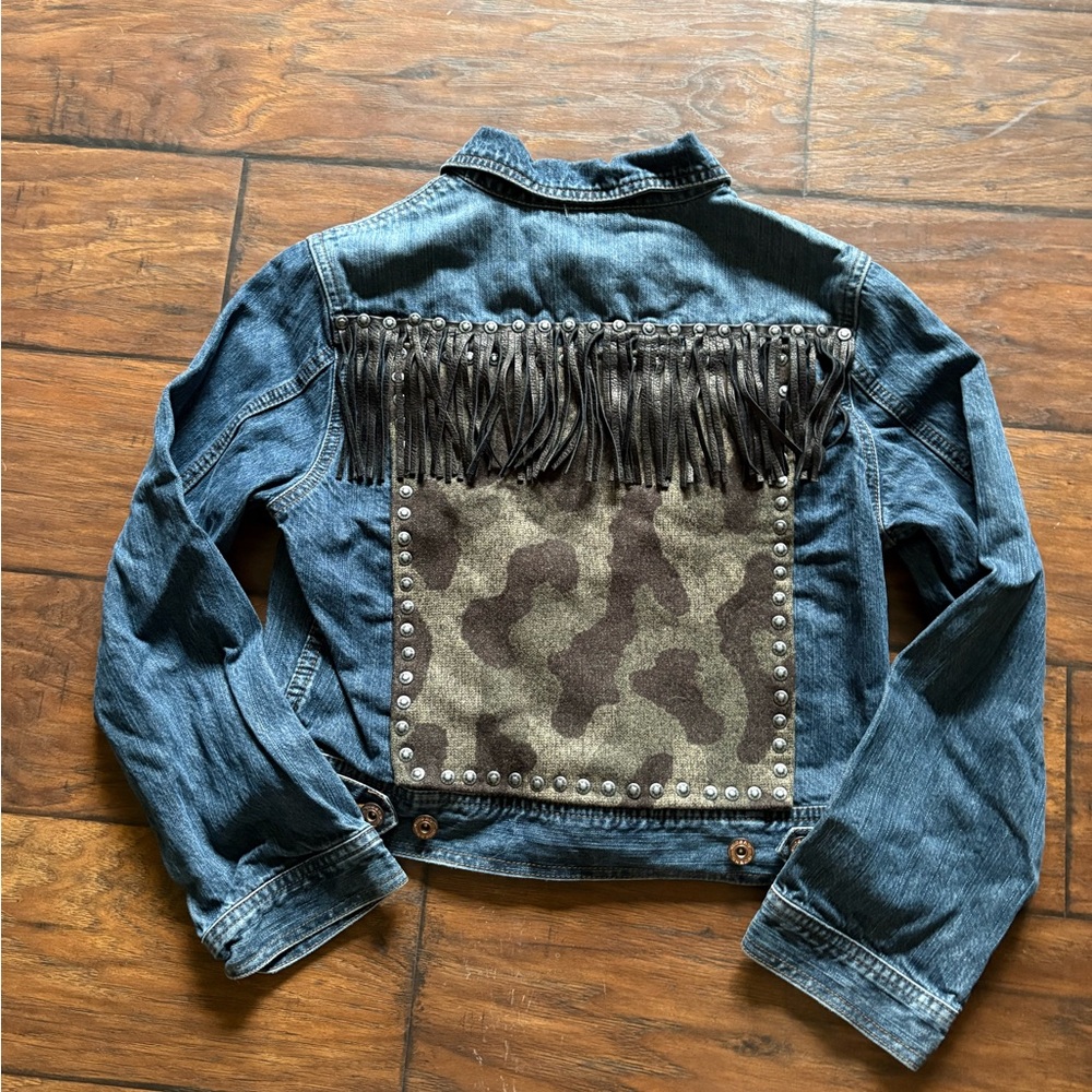 Upcycled Denim Jacket with Deerskin Fringe and Pendleton Wool